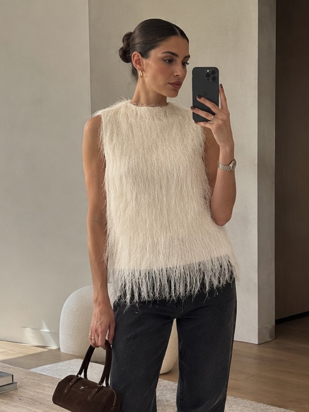 H&M Edition Cream Fringed Sleeveless Cowl Neck Long Top Size M